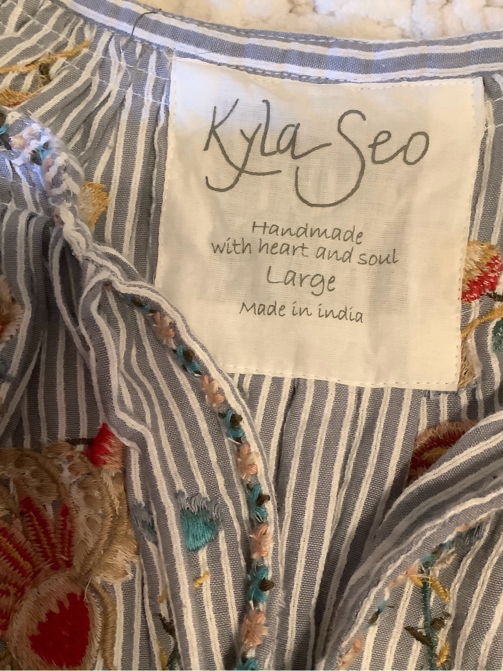 Blue Striped Embroidered Peasant Blouse with Red Tassels - Picture 10 of 14
